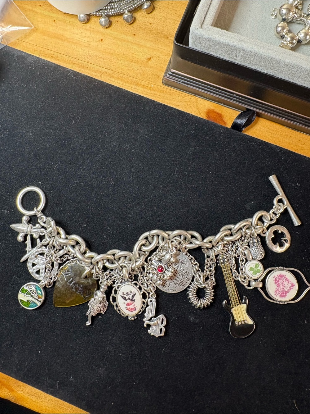 Lucky Brand Silver-Tone Multi-Charm Bracelet with Pink and Green Accents